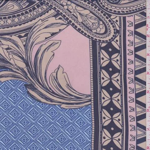 2 1/4 YD PC-Blue/Pink/Tan Baroque Chiffon Fabric