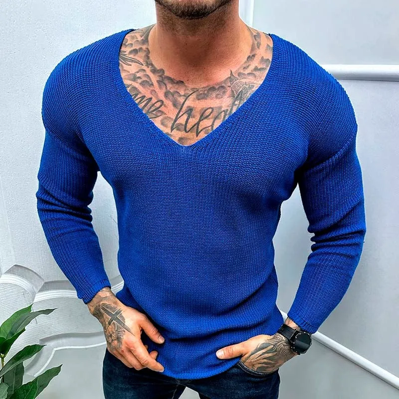 2023 Spring Casual Solid Color Slim Long Sleeve Sweaters Mens Clothing Leisure V Neck Knitting Pullover Streetwear Men Knit Tops