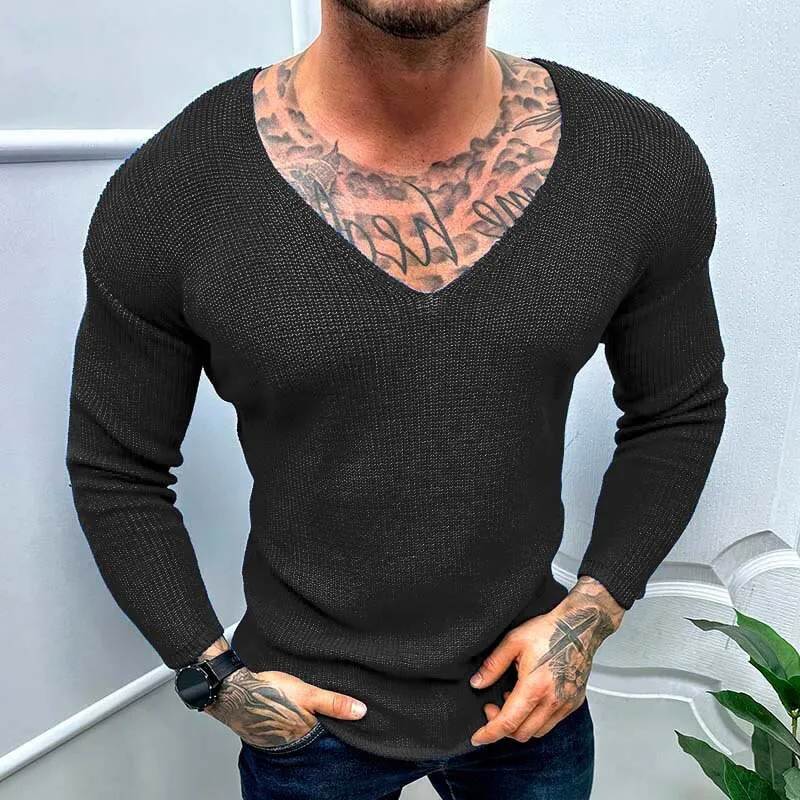 2023 Spring Casual Solid Color Slim Long Sleeve Sweaters Mens Clothing Leisure V Neck Knitting Pullover Streetwear Men Knit Tops