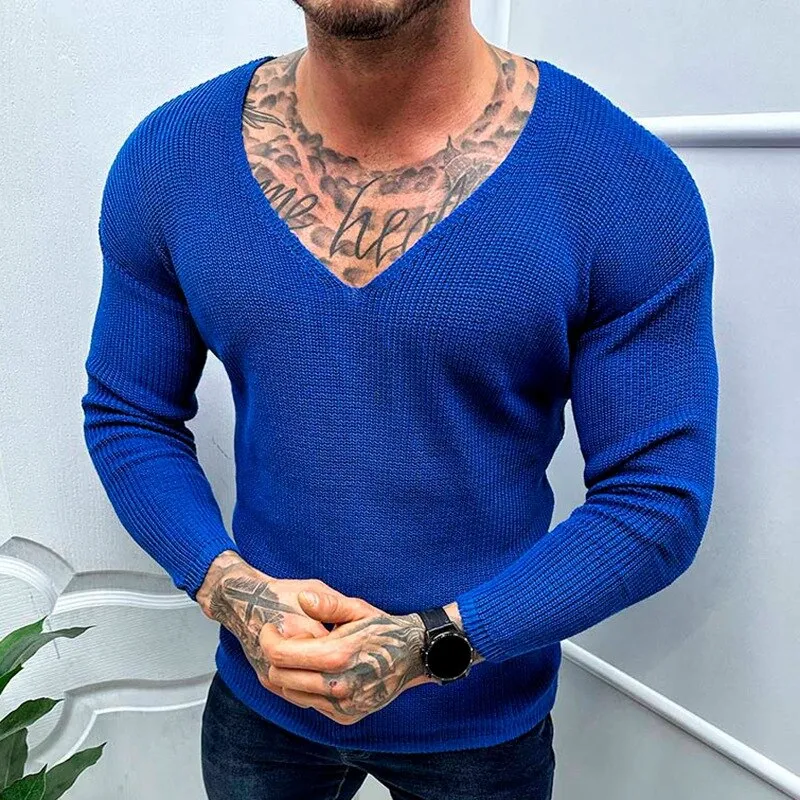 2023 Spring Casual Solid Color Slim Long Sleeve Sweaters Mens Clothing Leisure V Neck Knitting Pullover Streetwear Men Knit Tops