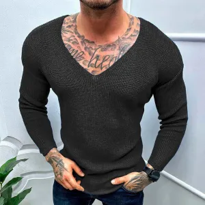 2023 Spring Casual Solid Color Slim Long Sleeve Sweaters Mens Clothing Leisure V Neck Knitting Pullover Streetwear Men Knit Tops