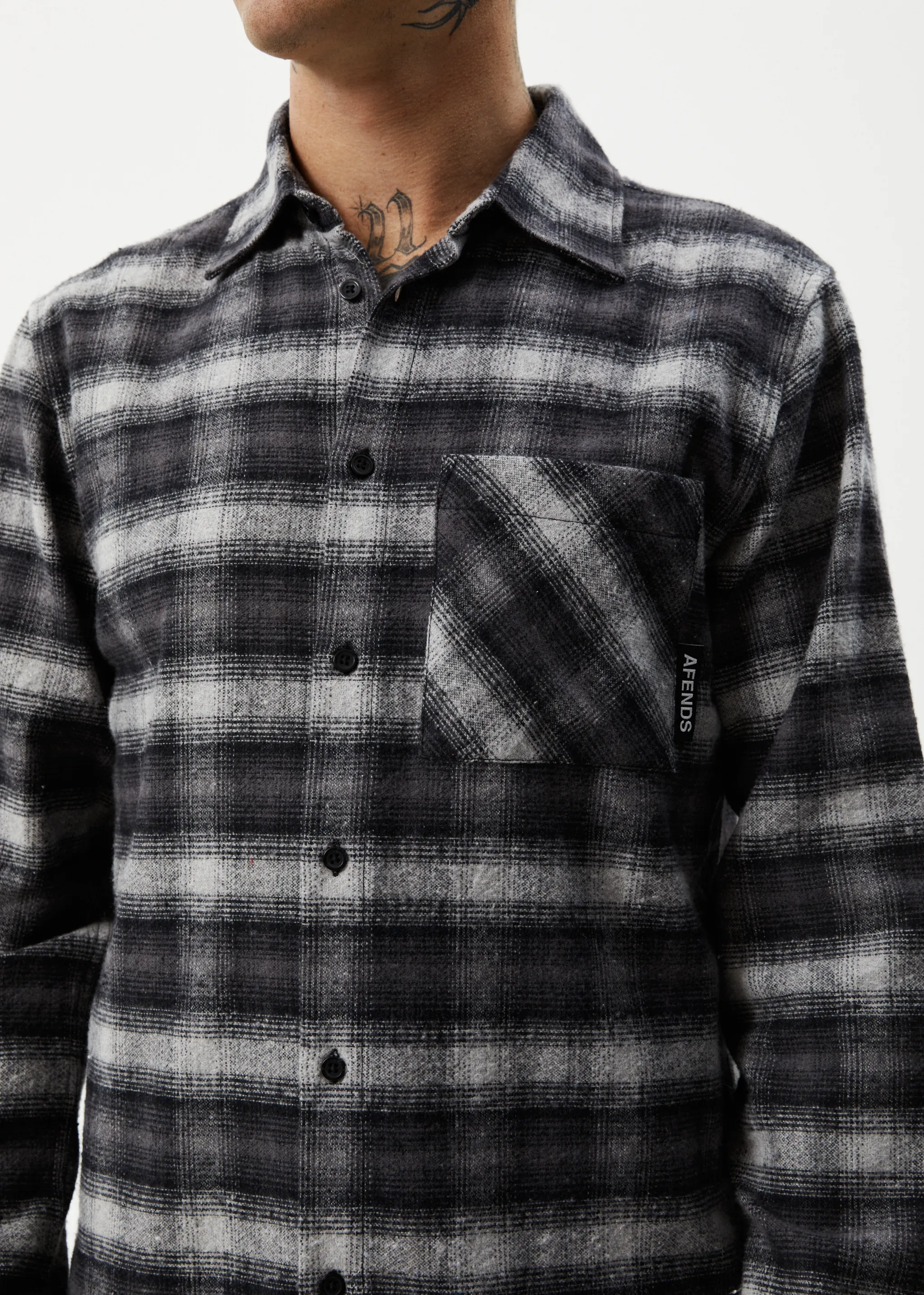 AFENDS Mens Nobody - Flannel Long Sleeve Shirt - Black