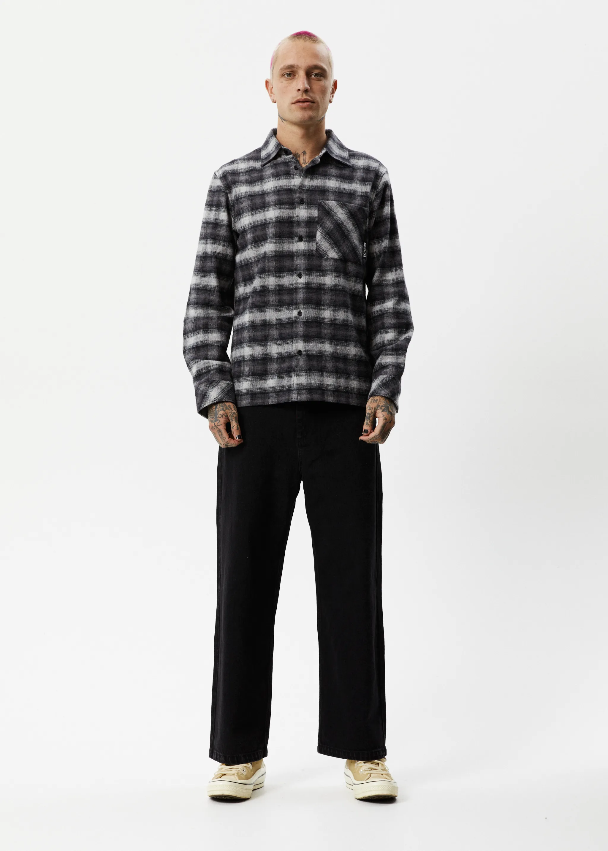 AFENDS Mens Nobody - Flannel Long Sleeve Shirt - Black