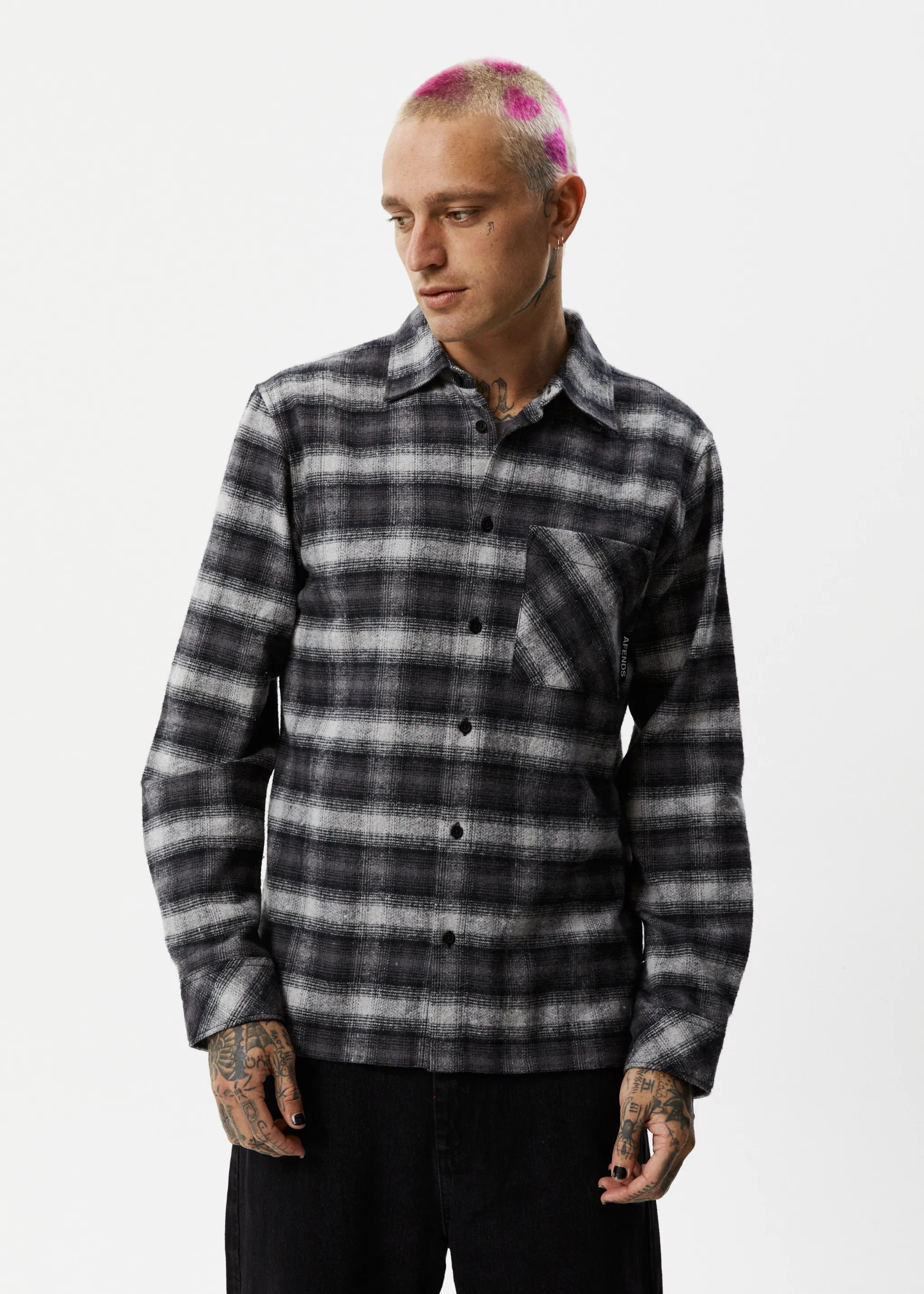 AFENDS Mens Nobody - Flannel Long Sleeve Shirt - Black