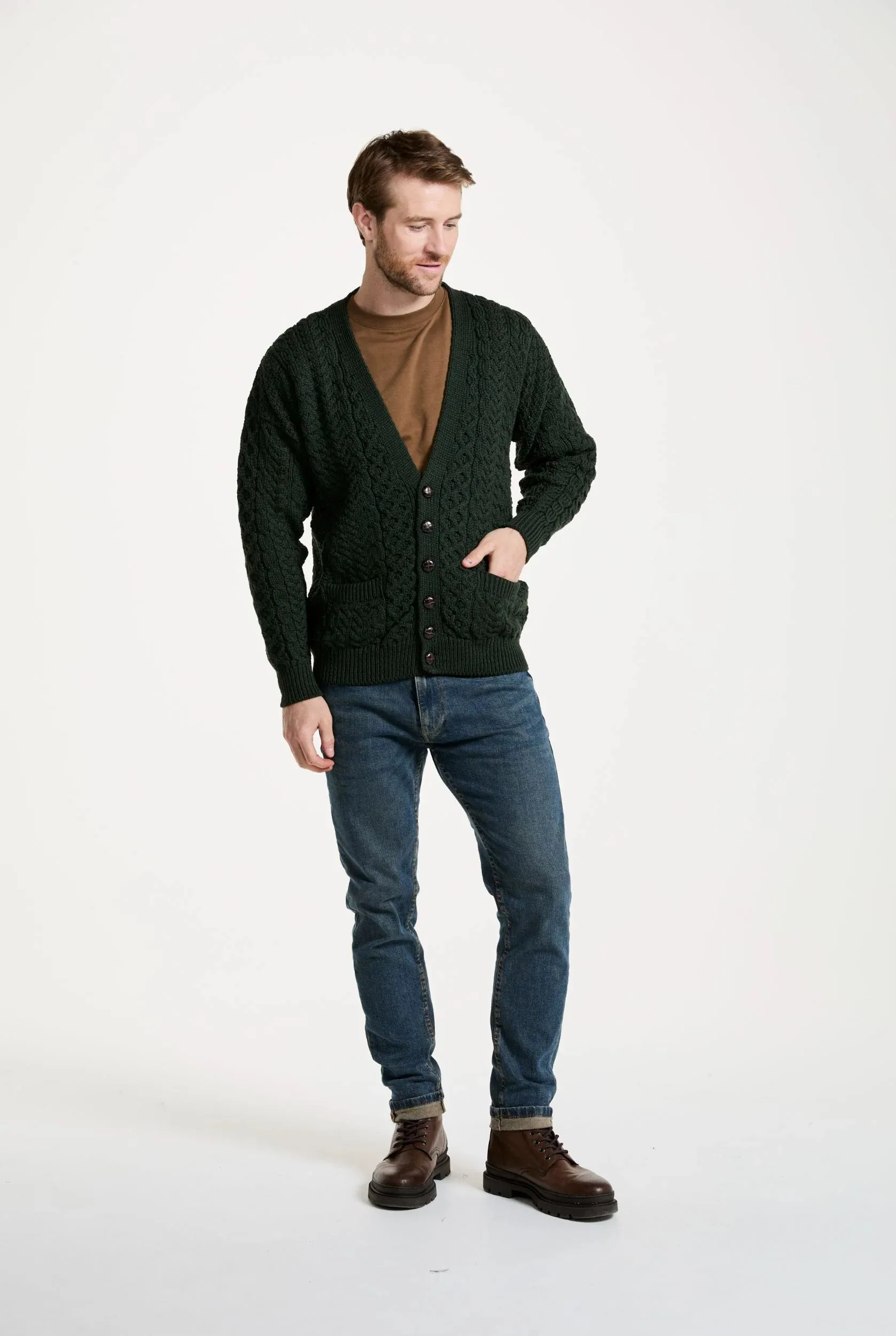 Aran V-Neck Cardigan | Green