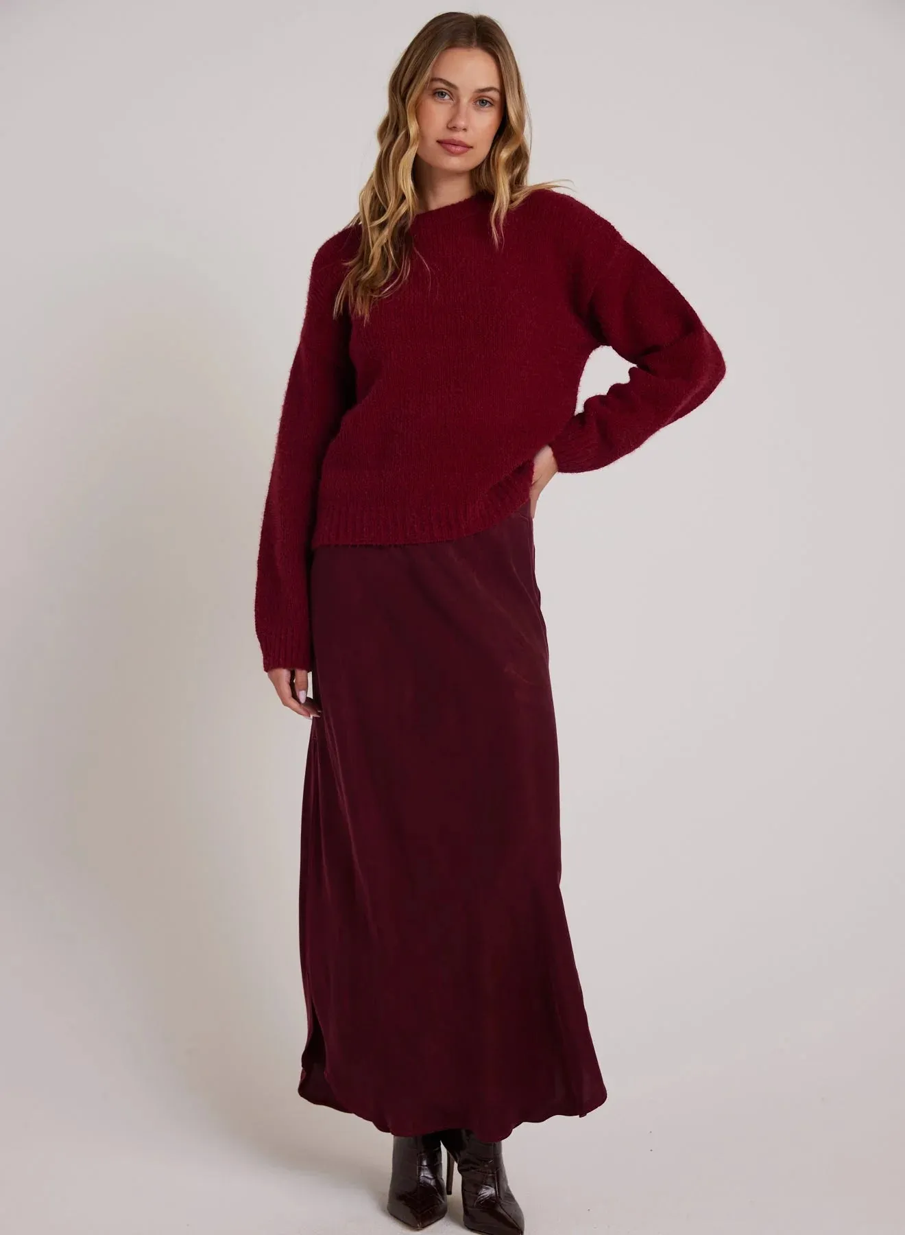 BEL Asymmetrical Side Slit Skirt in Deep Plum