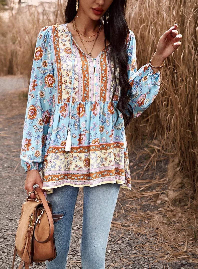 Blue Casual Boho Floral V Neck Drawstring Long Sleeve Tops