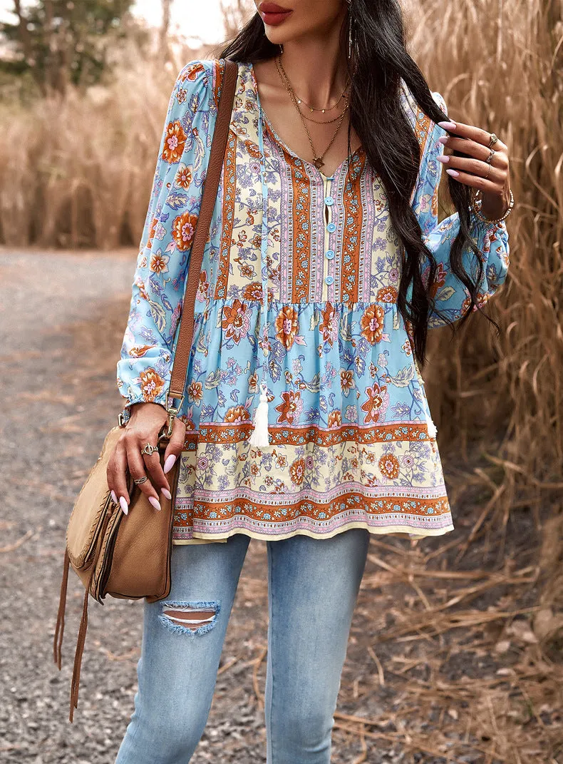 Blue Casual Boho Floral V Neck Drawstring Long Sleeve Tops