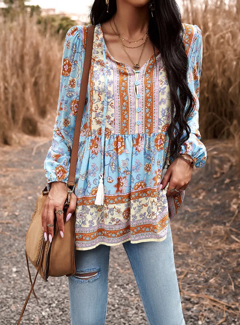 Blue Casual Boho Floral V Neck Drawstring Long Sleeve Tops