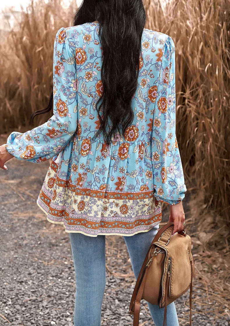 Blue Casual Boho Floral V Neck Drawstring Long Sleeve Tops