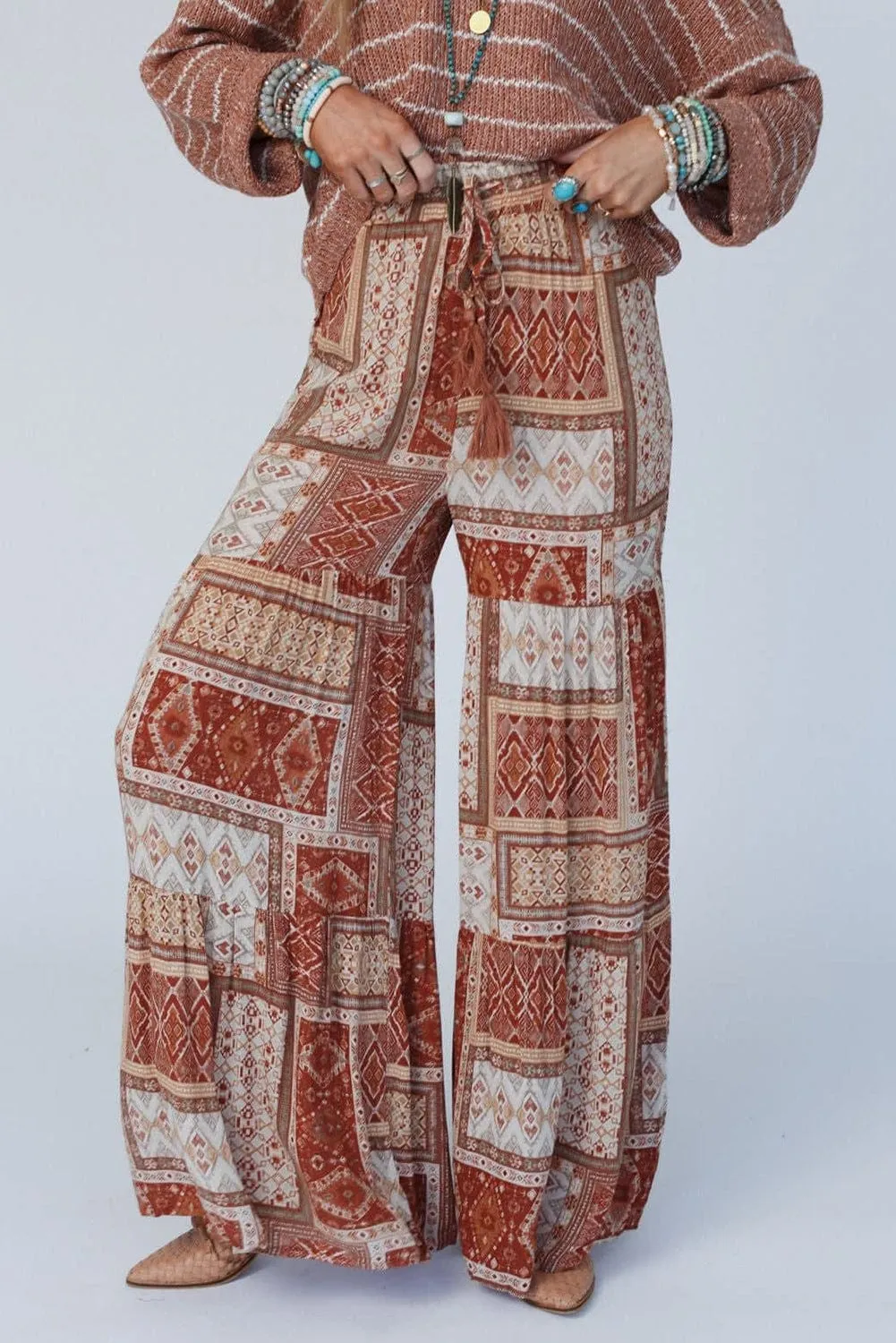 Bohemian Brown Aztec Print Tiered Palazzo Trousers