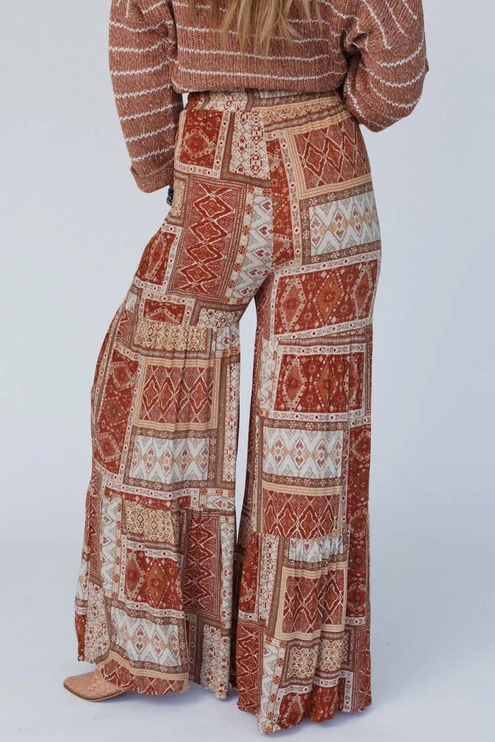 Bohemian Brown Aztec Print Tiered Palazzo Trousers