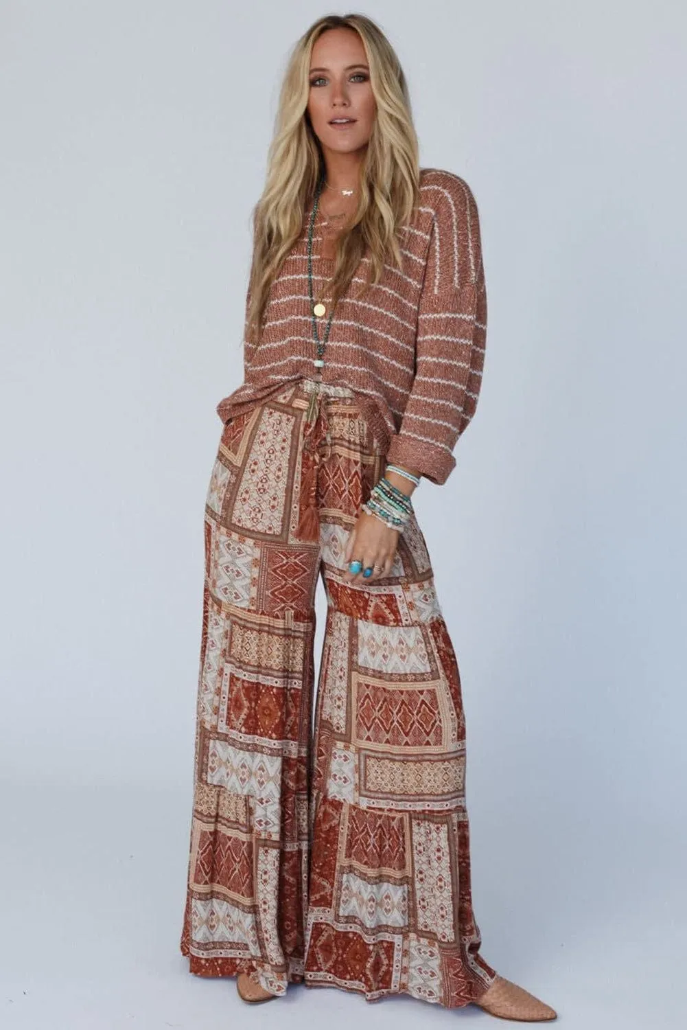 Bohemian Brown Aztec Print Tiered Palazzo Trousers