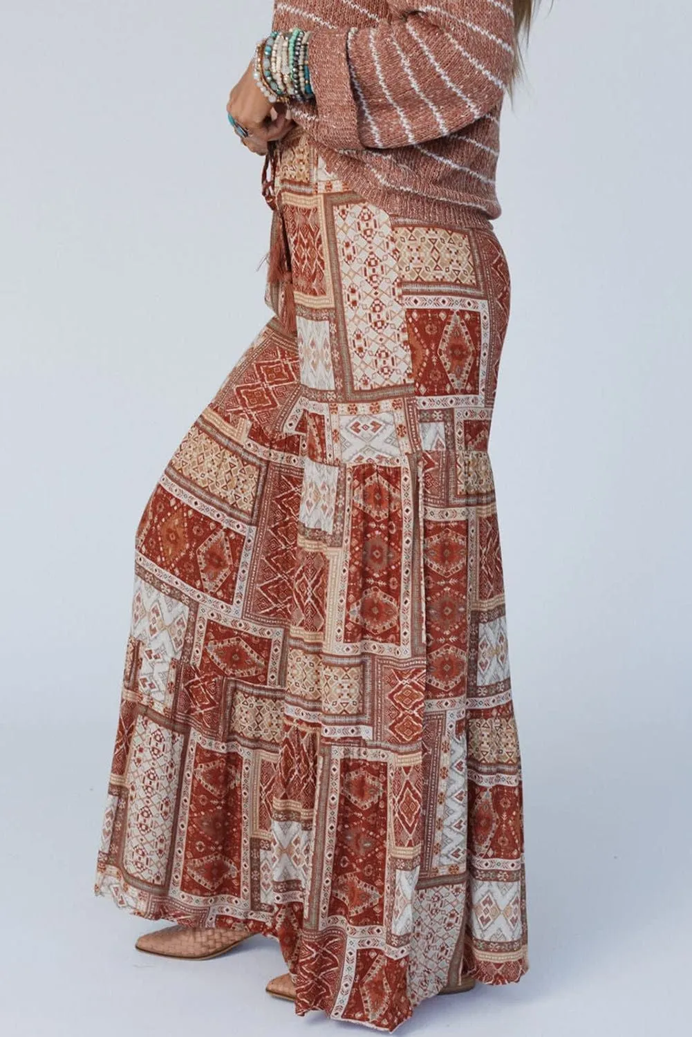 Bohemian Brown Aztec Print Tiered Palazzo Trousers