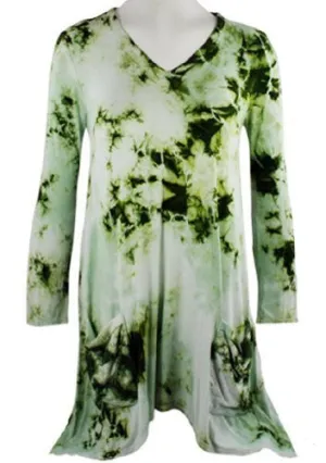 Boho Chic - Black Green Tie Dye, Shark Bite Hem with Front Pockets, Tunic