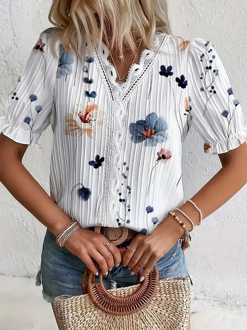 Boho Floral Print Lace Trim V-Neck Puff Sleeve Blouse