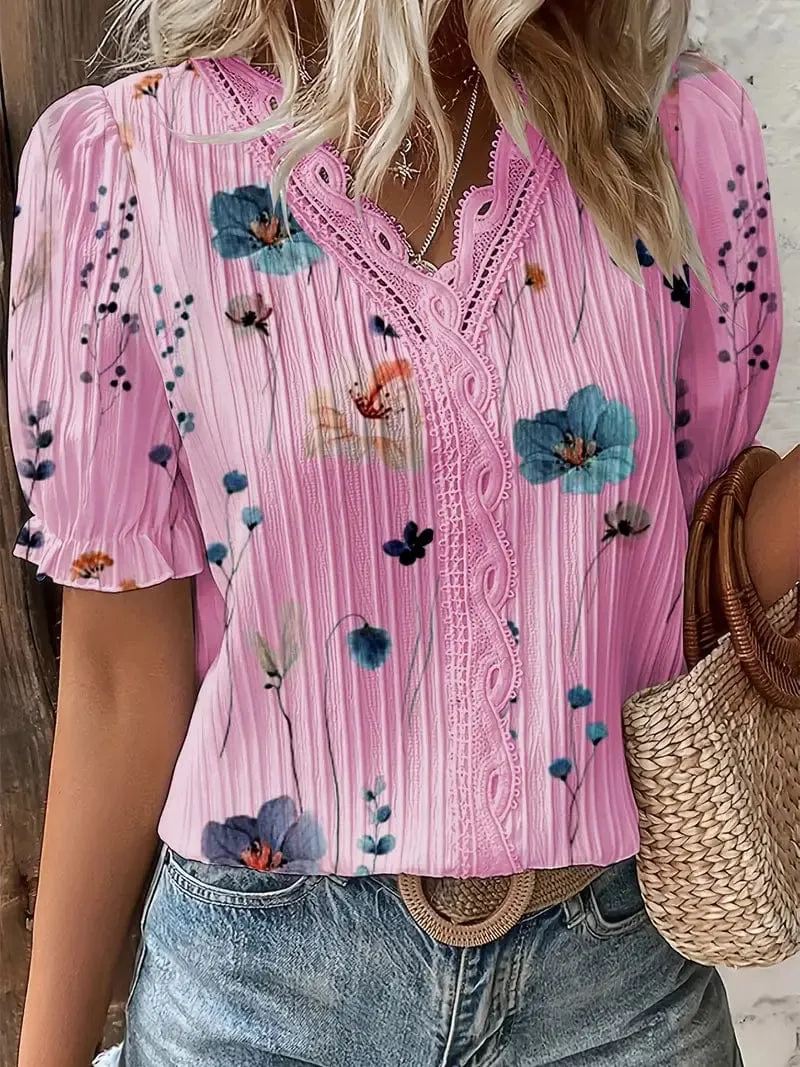 Boho Floral Print Lace Trim V-Neck Puff Sleeve Blouse