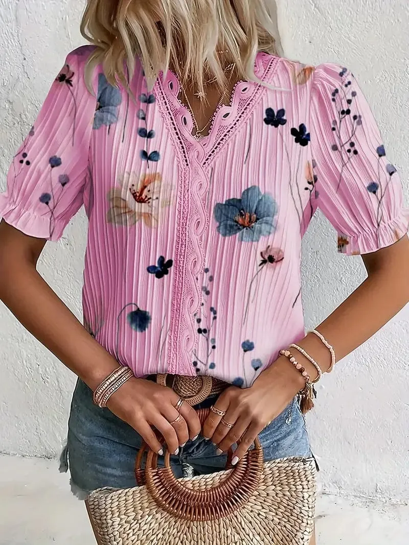 Boho Floral Print Lace Trim V-Neck Puff Sleeve Blouse