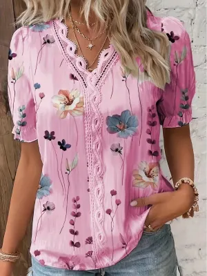 Boho Floral Print Lace Trim V-Neck Puff Sleeve Blouse