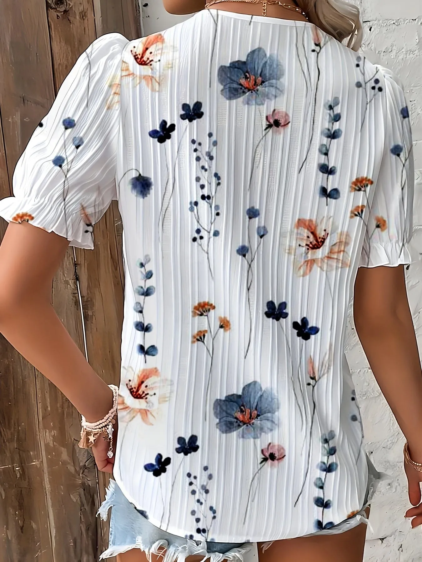 Boho Floral Print Lace Trim V-Neck Puff Sleeve Blouse