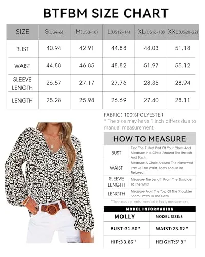 BTFBM Women Casual Boho Blouse Fashion Floral Shirts V Neck Long Puff Sleeve Lightweight Chiffon Summer Fall Tops 2024(Print Orange, Small)