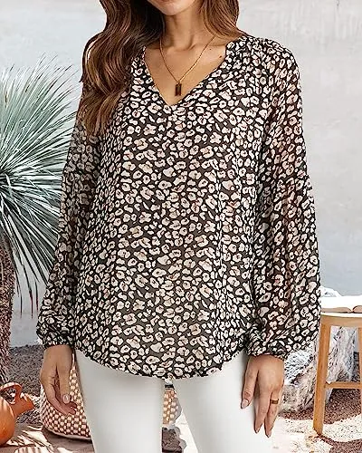 BTFBM Women Casual Boho Blouse Fashion Floral Shirts V Neck Long Puff Sleeve Lightweight Chiffon Summer Fall Tops 2024(Print Orange, Small)