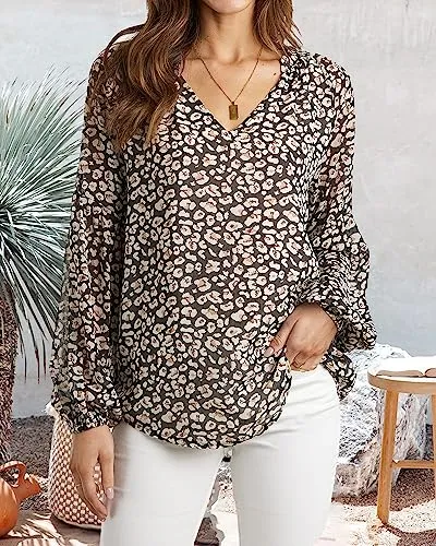 BTFBM Women Casual Boho Blouse Fashion Floral Shirts V Neck Long Puff Sleeve Lightweight Chiffon Summer Fall Tops 2024(Print Orange, Small)