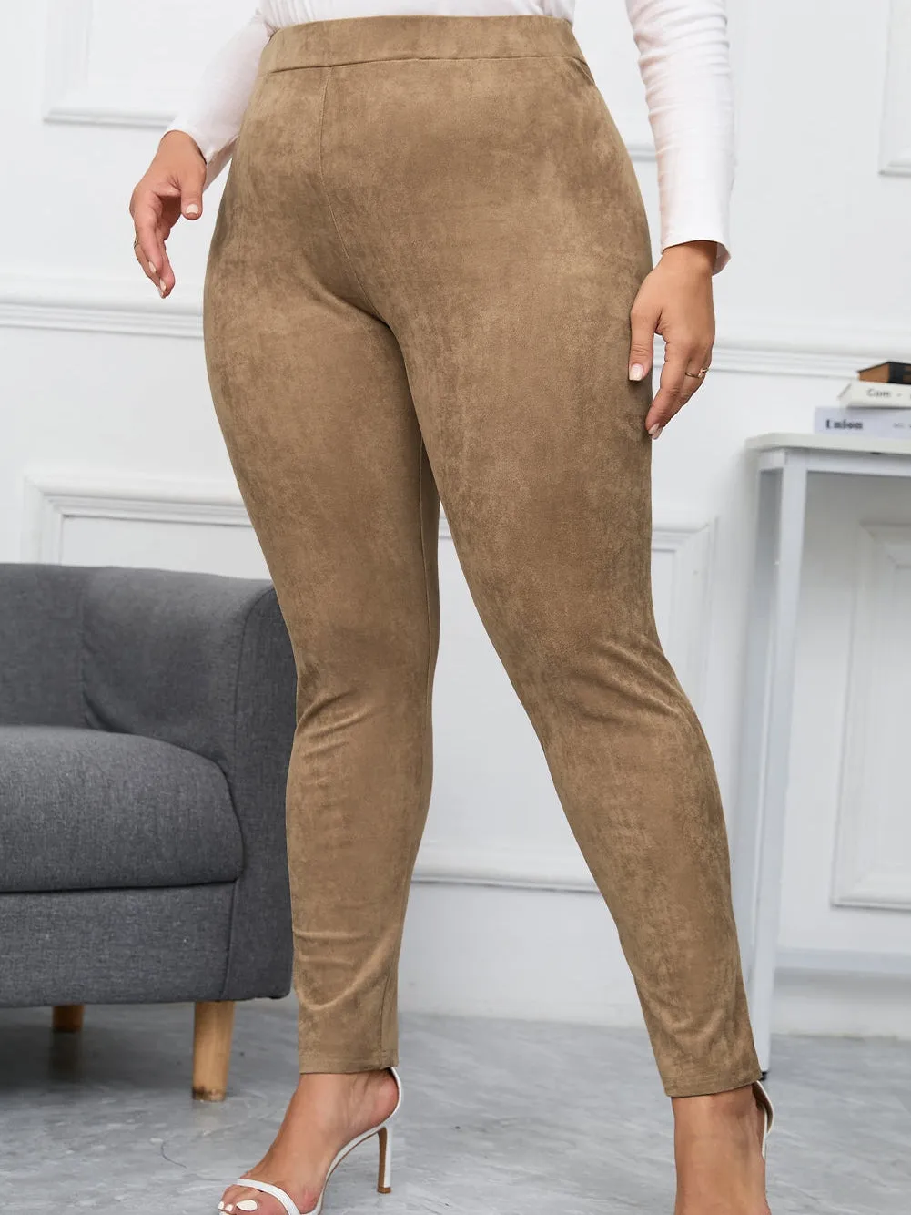 Camel Plus Size High Rise Faux Suede Skinny Pants