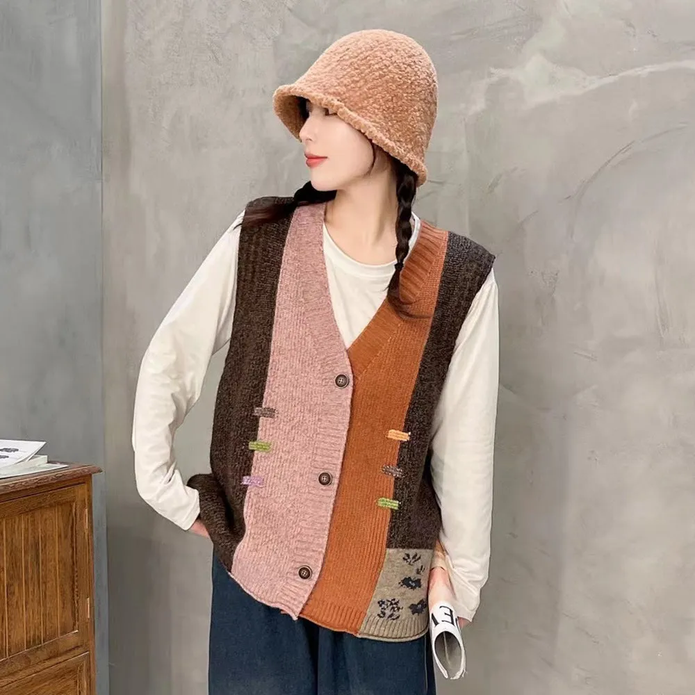 Color-block V-neck Knitted Outerwear Vest