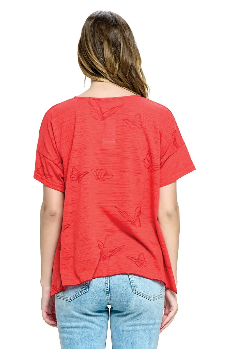 Coral Top Butterfly Burnout Patchwork