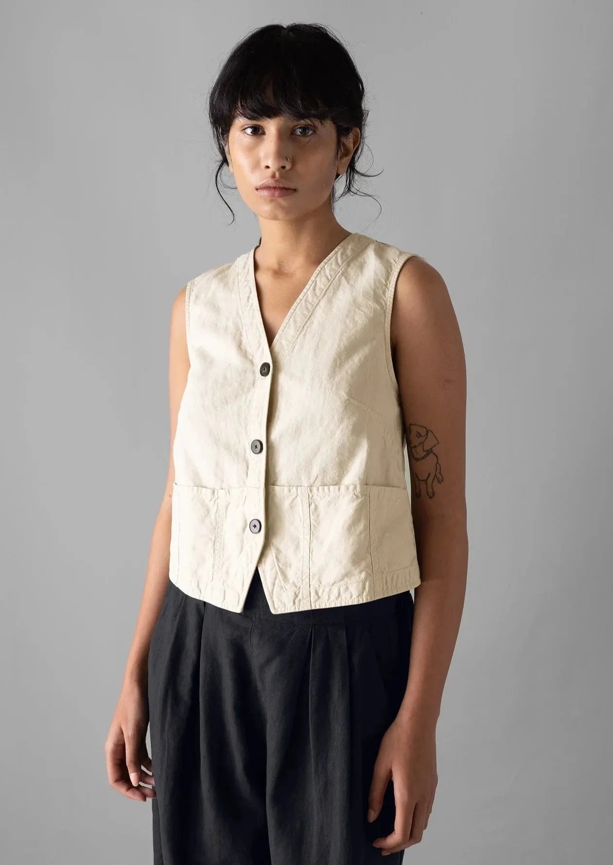 Cotton Linen Canvas Waistcoat Top, Wood Ash