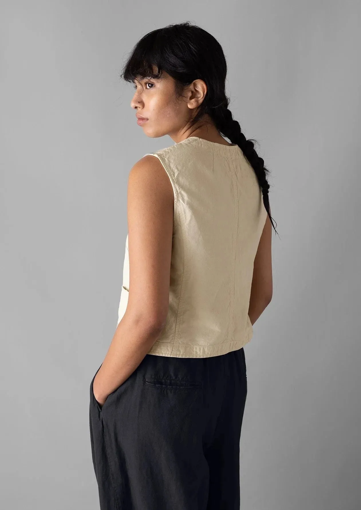 Cotton Linen Canvas Waistcoat Top, Wood Ash