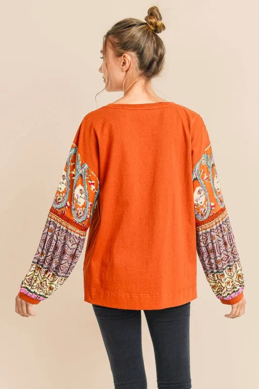 Elise Boho Contrast Long Sleeve Blouse