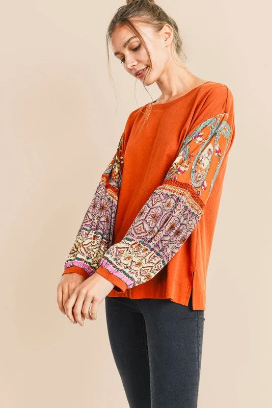 Elise Boho Contrast Long Sleeve Blouse