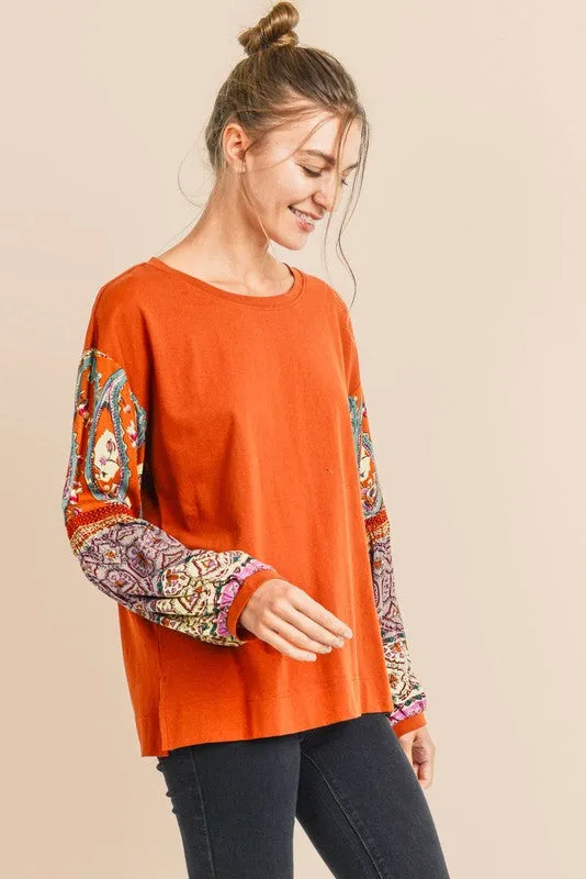 Elise Boho Contrast Long Sleeve Blouse