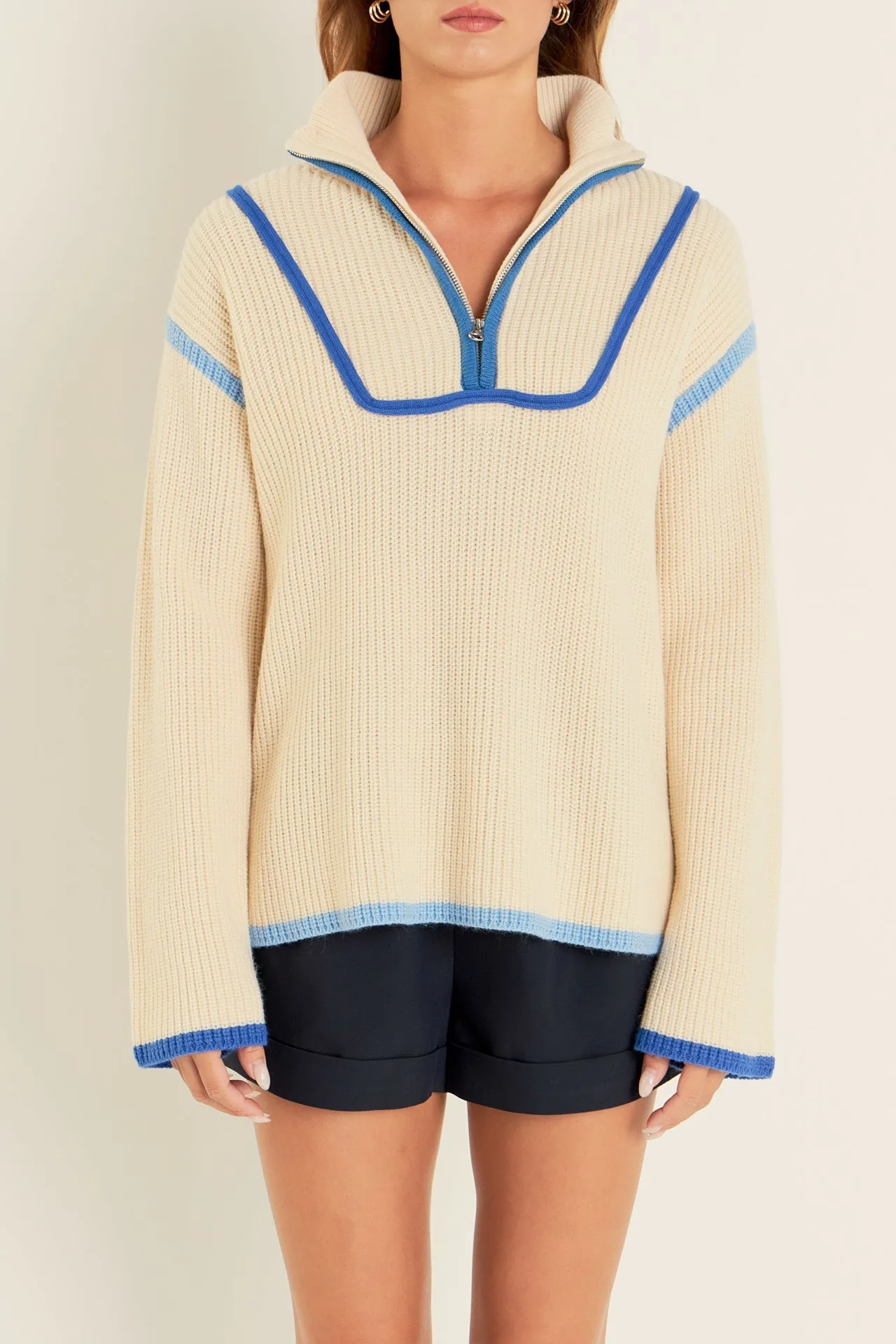 English Factory - Contrast Piping Quarter-Zip Oversized Sweater