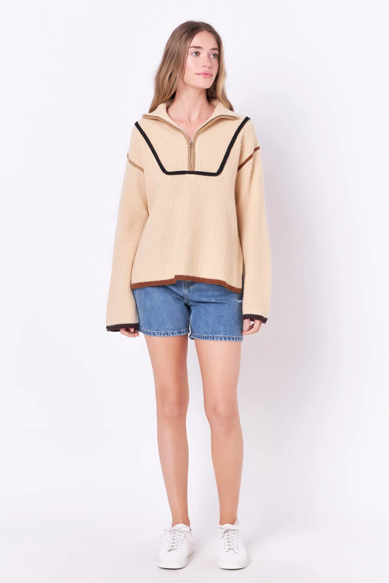 English Factory - Contrast Piping Quarter-Zip Oversized Sweater