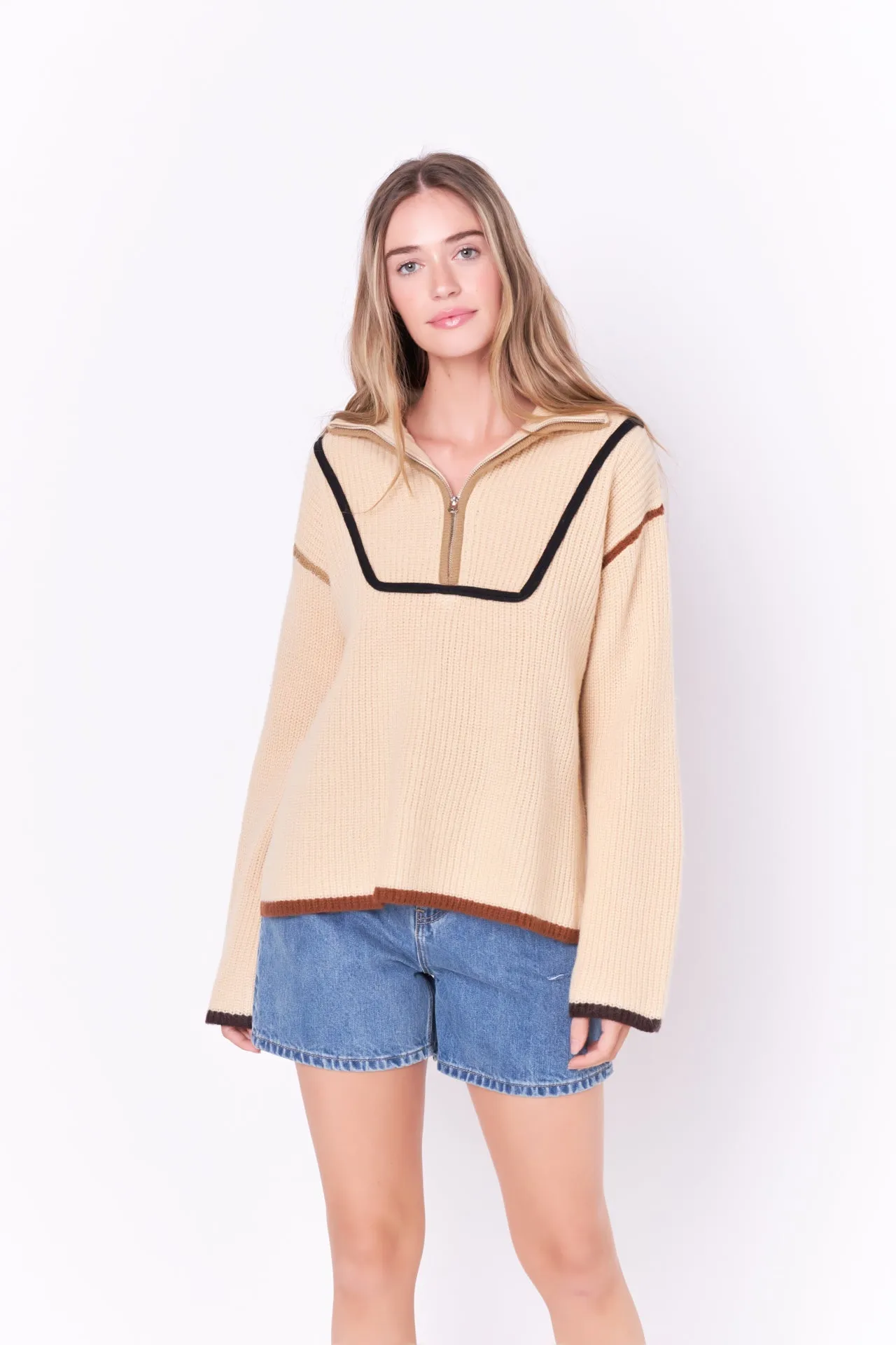 English Factory - Contrast Piping Quarter-Zip Oversized Sweater