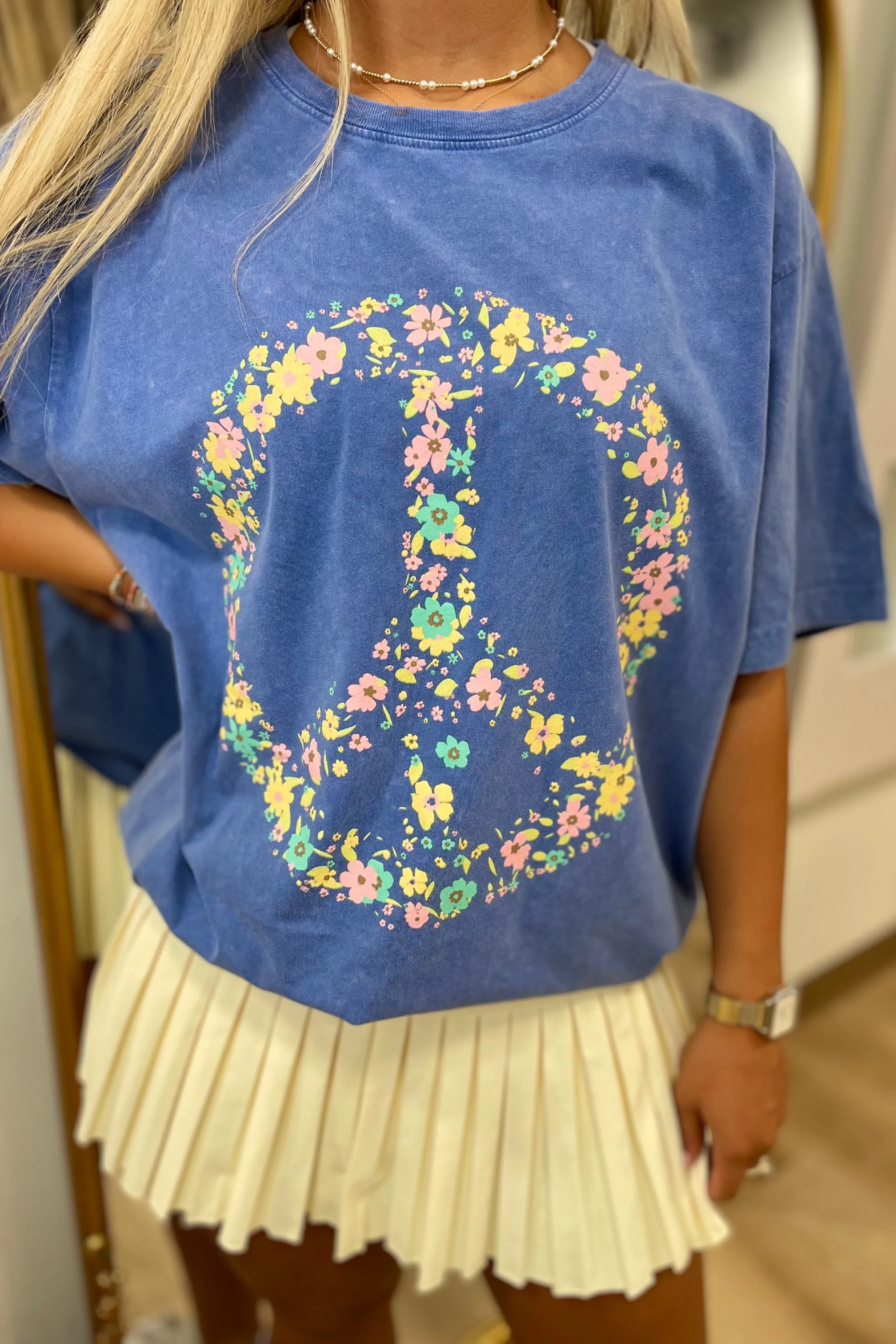 Floral Peace Boho Graphic Tee Blue