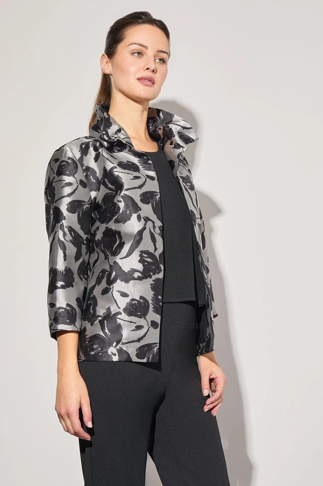 Floral Woven Ruched Collar Jacket