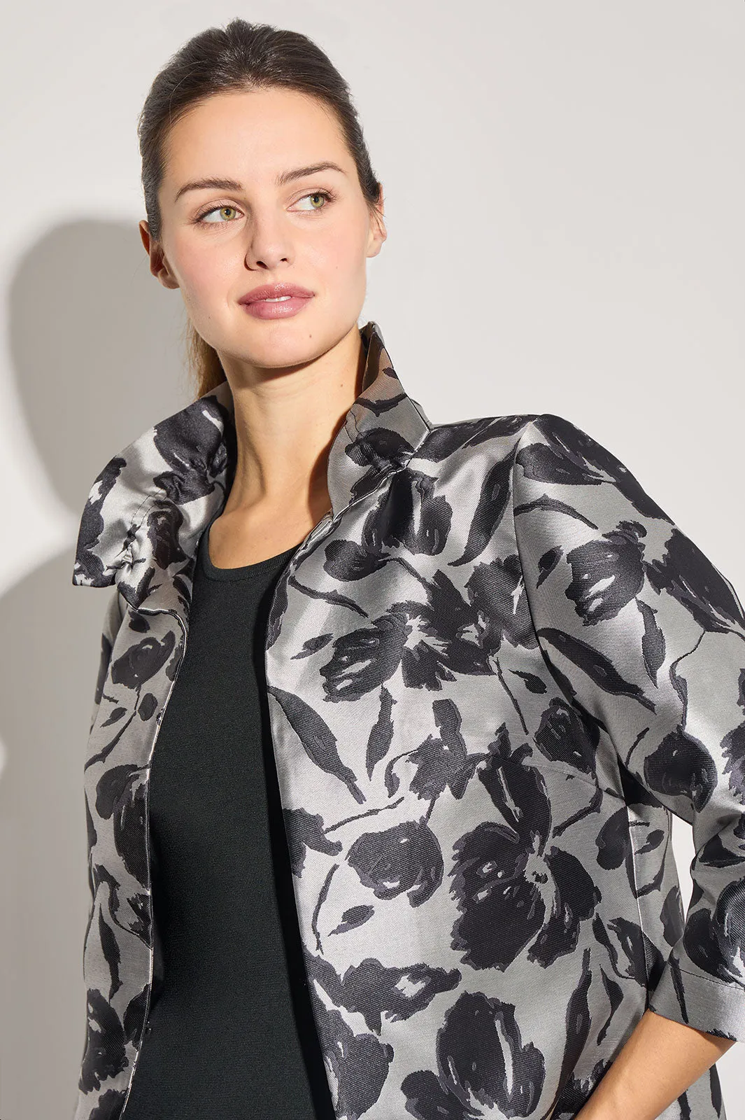 Floral Woven Ruched Collar Jacket