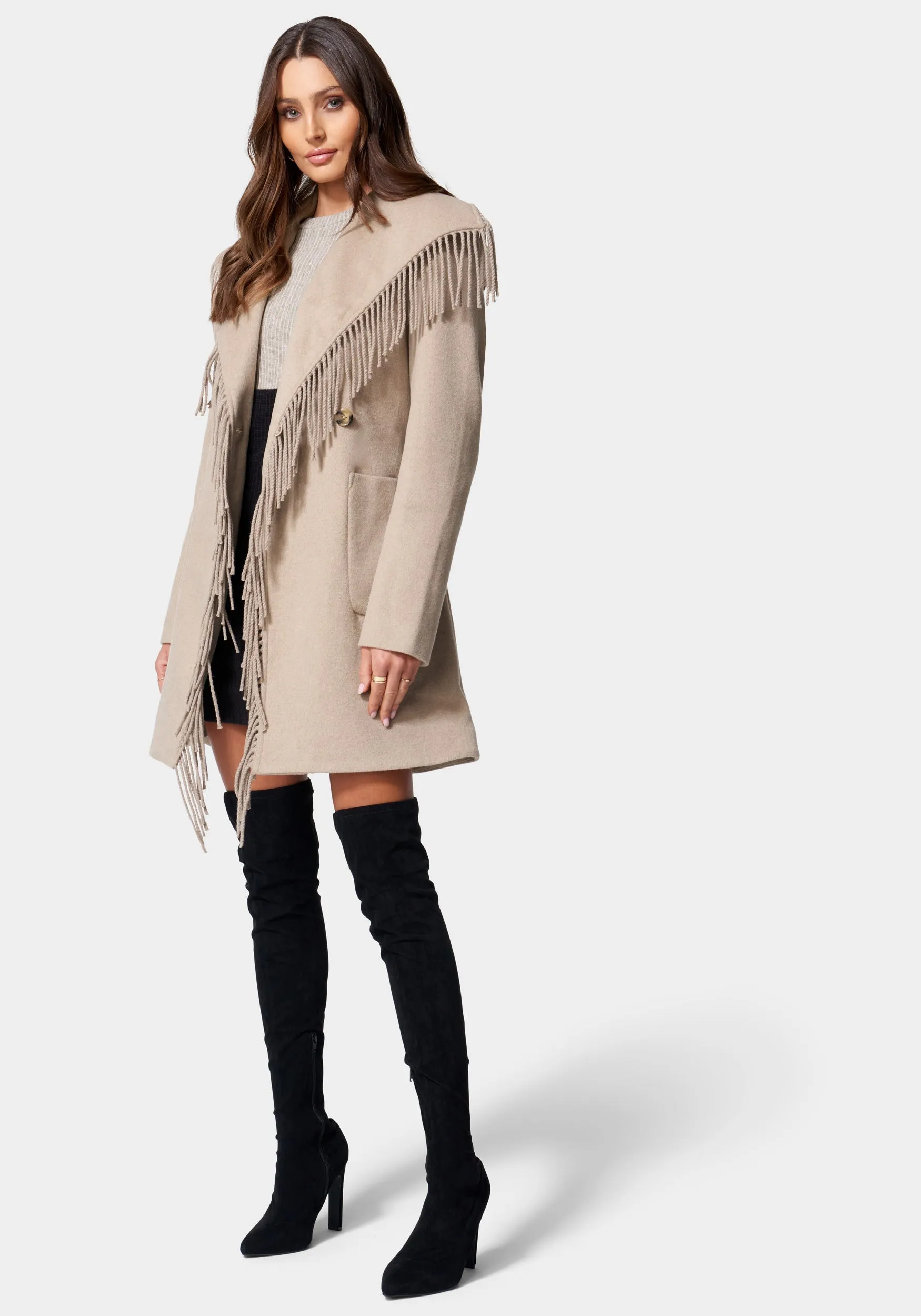 Fringe Detail Tie Waist Wrap Coat