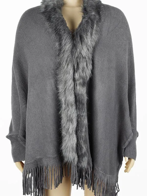 Fringed Cape Shawl Fur Collar Knitted Coat