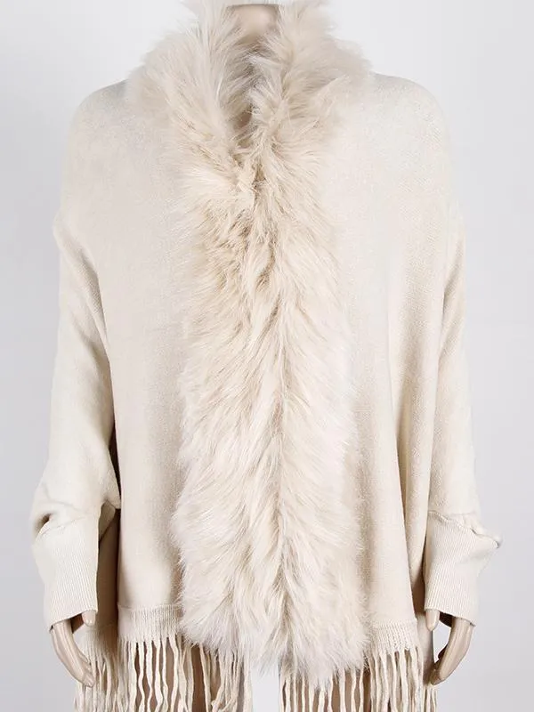 Fringed Cape Shawl Fur Collar Knitted Coat