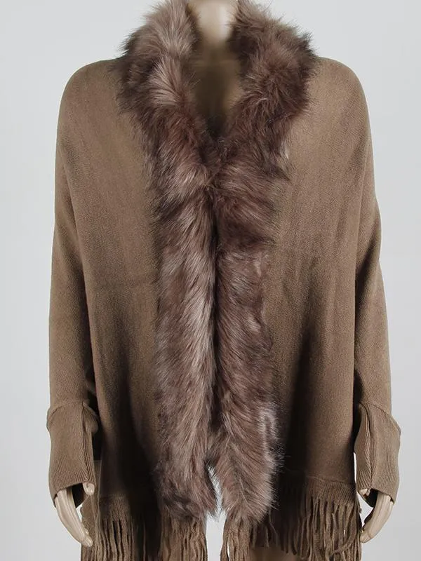 Fringed Cape Shawl Fur Collar Knitted Coat