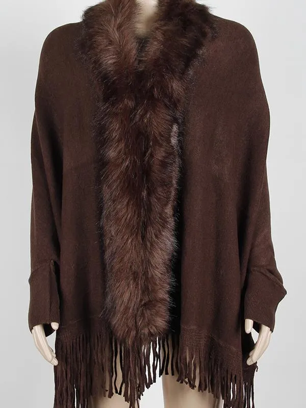 Fringed Cape Shawl Fur Collar Knitted Coat