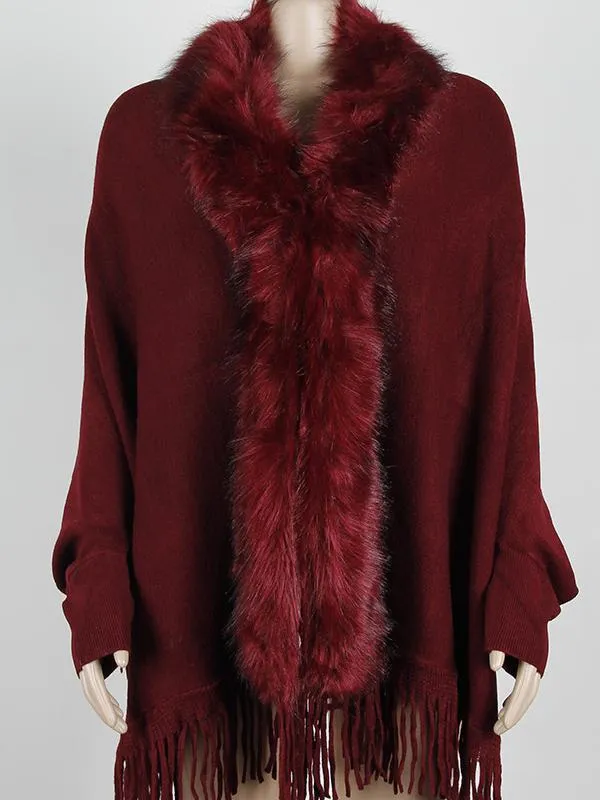 Fringed Cape Shawl Fur Collar Knitted Coat