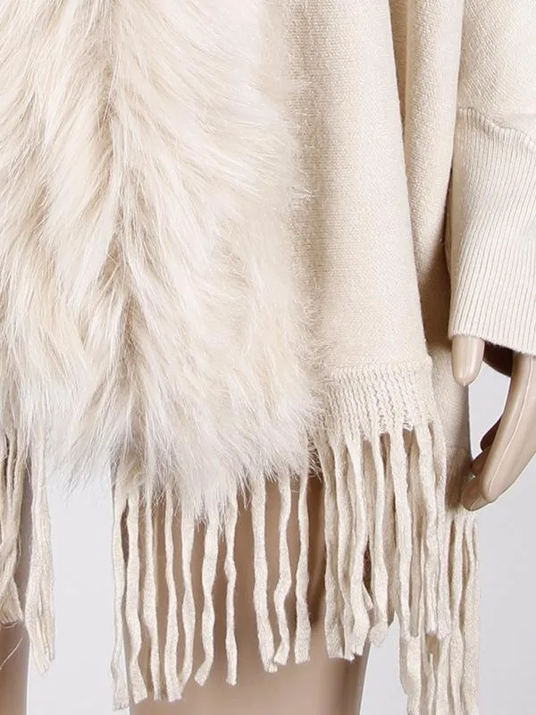 Fringed Cape Shawl Fur Collar Knitted Coat