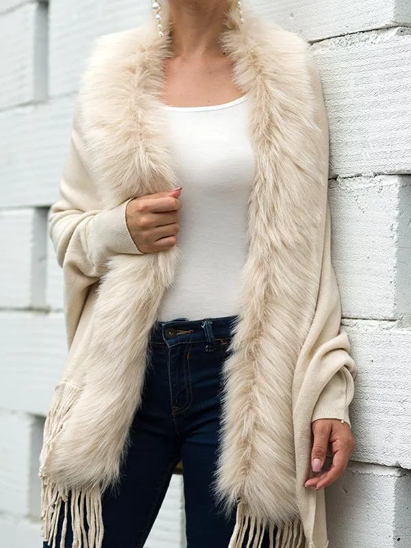 Fringed Cape Shawl Fur Collar Knitted Coat