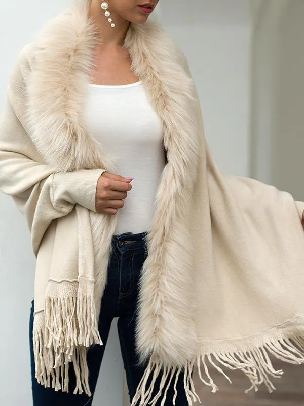 Fringed Cape Shawl Fur Collar Knitted Coat